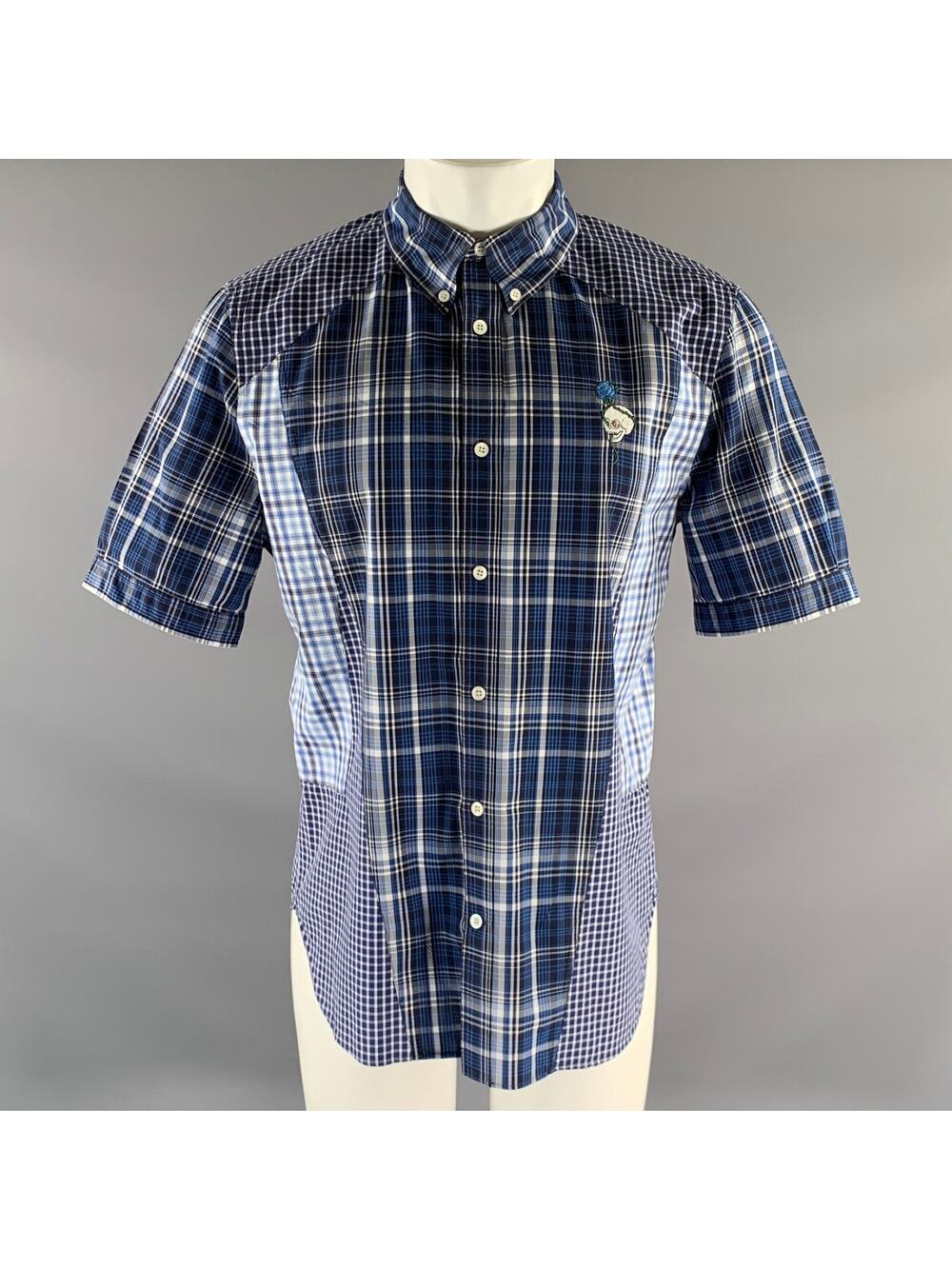 ALEXANDER MCQUEEN Size M Blue Mixed Plaid Cotton Short Sleeve Shirt